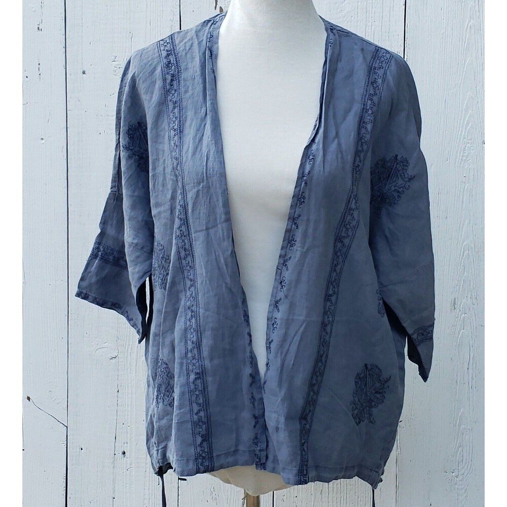 XCVI Women's Blue Embroidered 100% LINEN 3/4 Sleeve Relaxed Open Cardigan Sz M